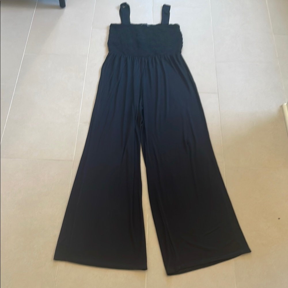 Women's Black Wide-Leg Jumpsuit with Smocked Bodice